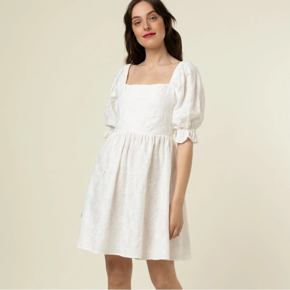 FRNCH M Sora White Babydoll Mini Dress Floral Open Tie Back Square Neck